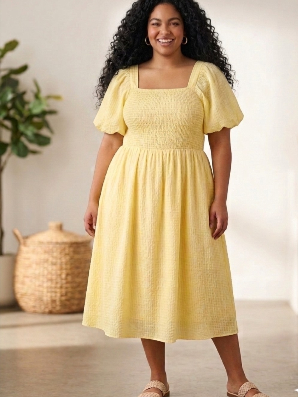 Penningtons Yellow Smocked Square-Neck Midi Dress